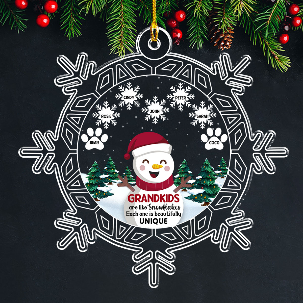 Snowman Grandma And Grandkids - Exquisite Personalized Custom Acrylic Christmas Ornament