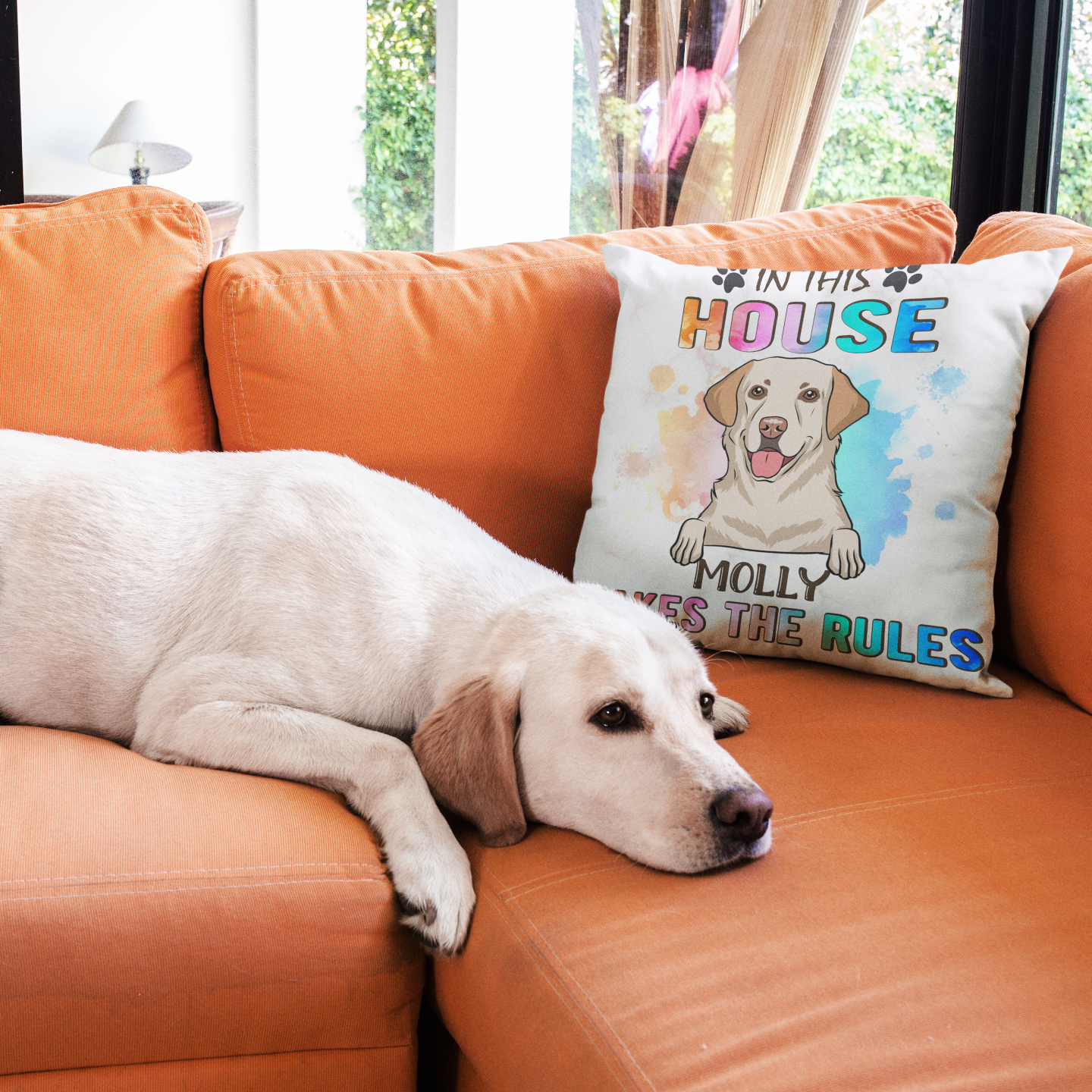 Dog Makes Rules - Customizable Personalized Throw Pillow in 12' x 12' and 18' x 18' Sizes