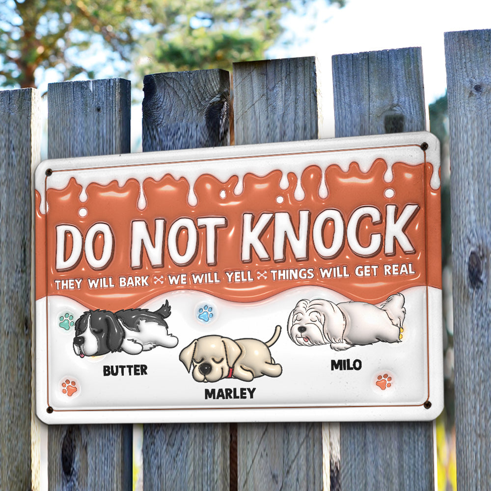 Customizable 3D Inflated Effect Metal Sign - Do Not Knock, My Dogs Will Bark! Ideal for Home & Office Decor