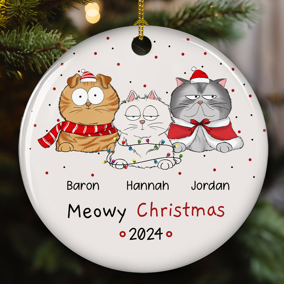 Meowy Christmas - Personalized Custom Circle Ceramic Christmas Ornament with Premium White Color and 3' Diameter