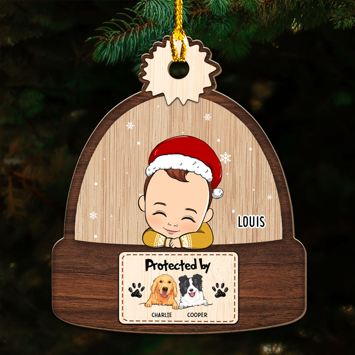 Exclusive Personalized Custom Wood Christmas Ornament - Protected By