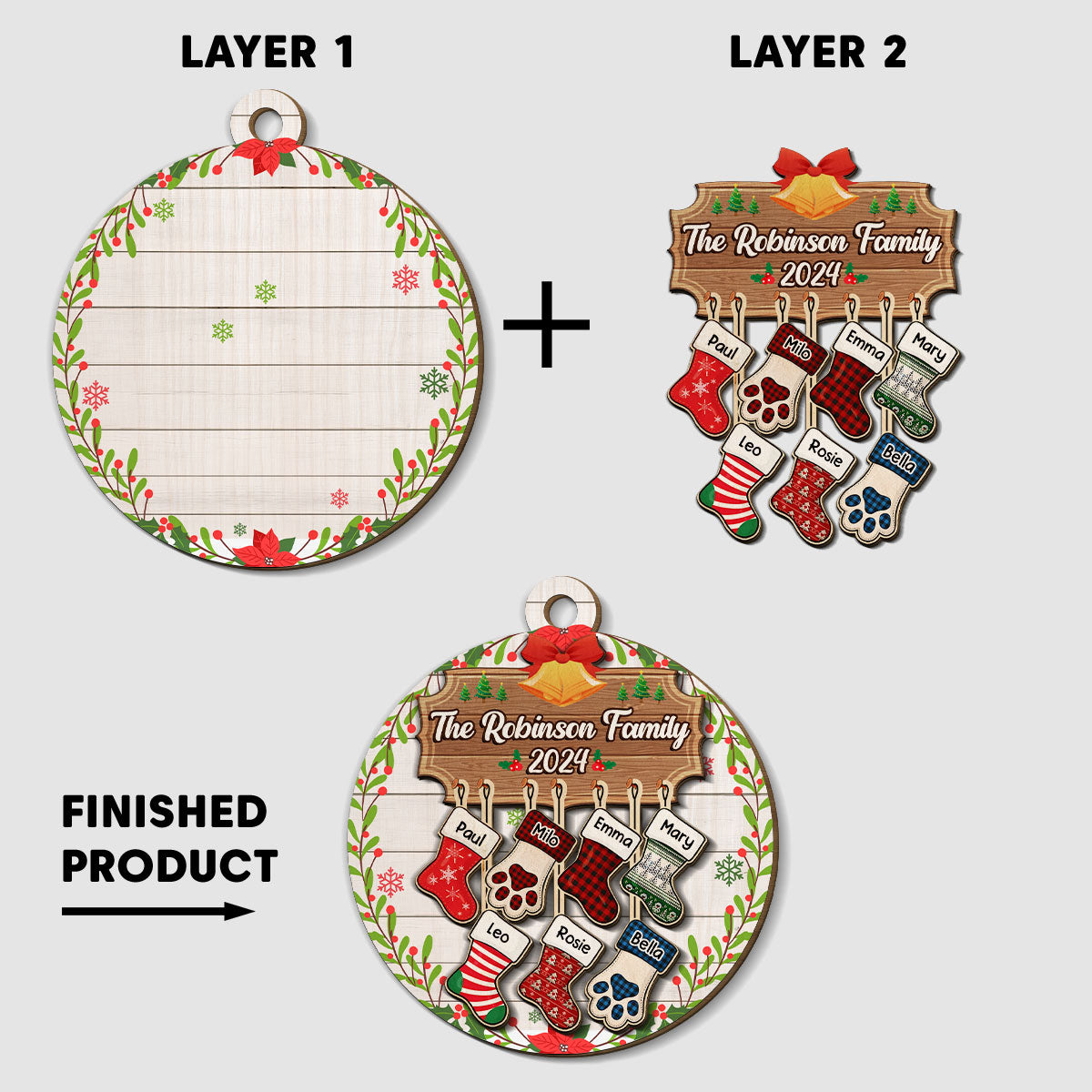 Charming Personalized Custom Freeshape 2-Layered Wood Ornament for Lovely Family with Pet
