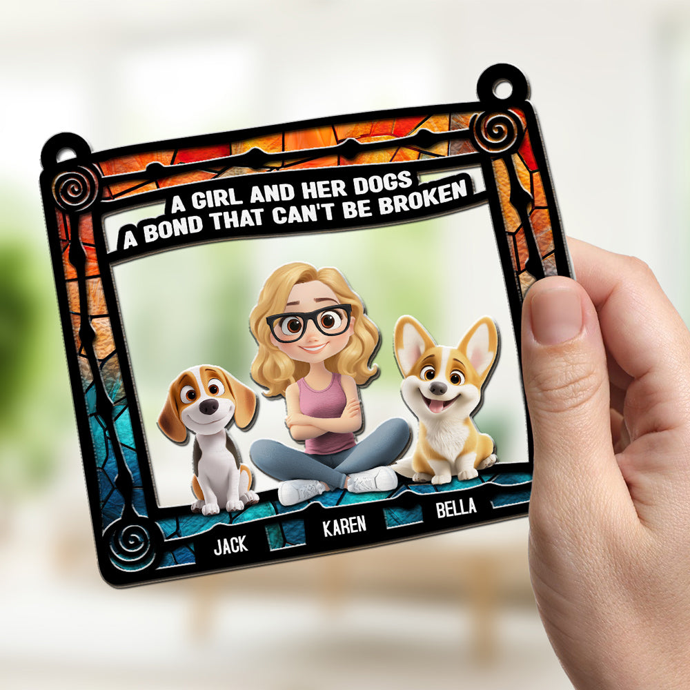 Personalized Custom Dog And Girl Sitting In Frame Suncatcher - Ideal Home Decor and Gift