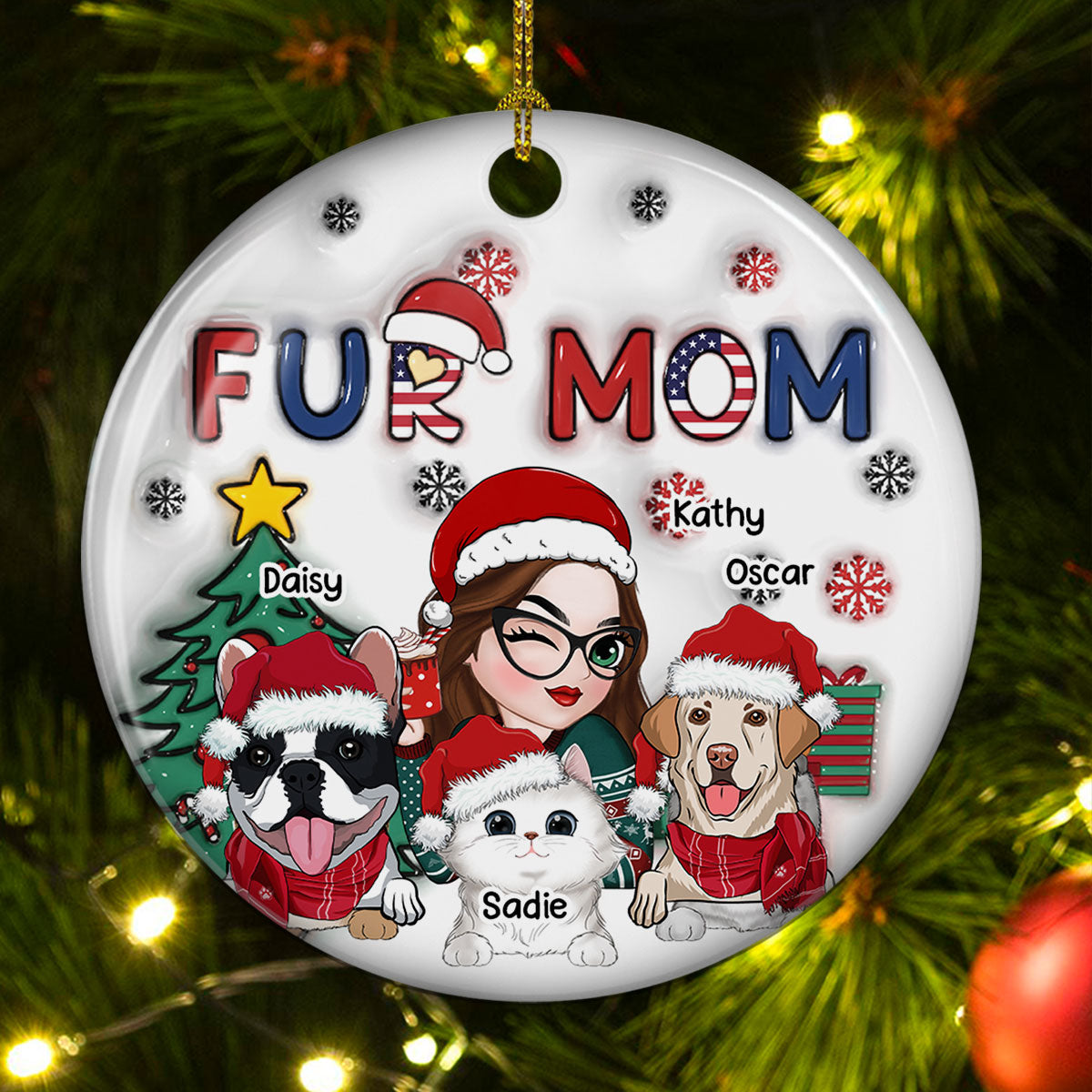 Customizable American Fur Mom Christmas 3D Inflated Effect Personalized Ceramic Ornament