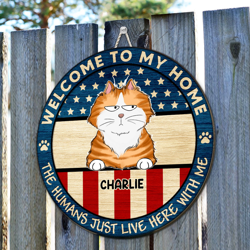 Welcome To Our Home Personalized Custom Wood Sign with Peeking Cat - High - Quality, Vibrant, Various Sizes