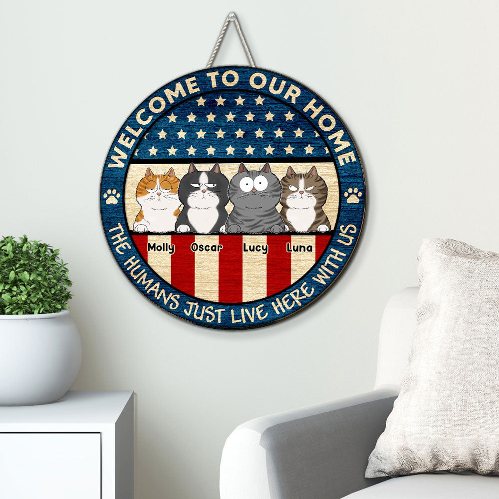 Welcome To Our Home Personalized Custom Wood Sign with Peeking Cat - High - Quality, Vibrant, Various Sizes