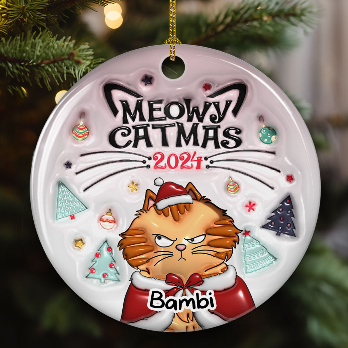 Meowy Catmas - Exclusive Personalized Custom 3D Inflated Effect Premium White Ceramic Christmas Ornament