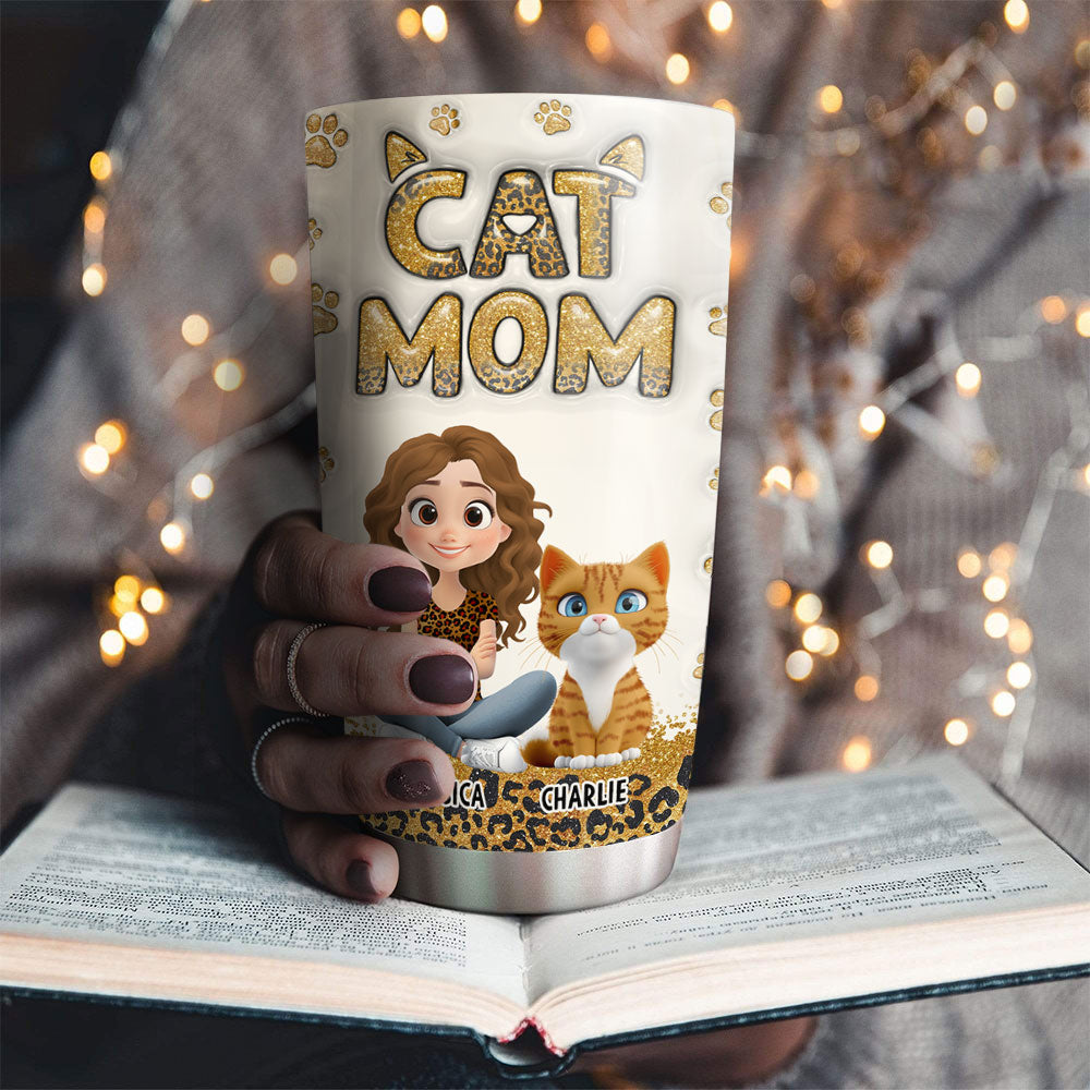 Cat Mom Leopard Personalized Custom 3D Inflated Effect 20oz Stainless Steel Tumbler