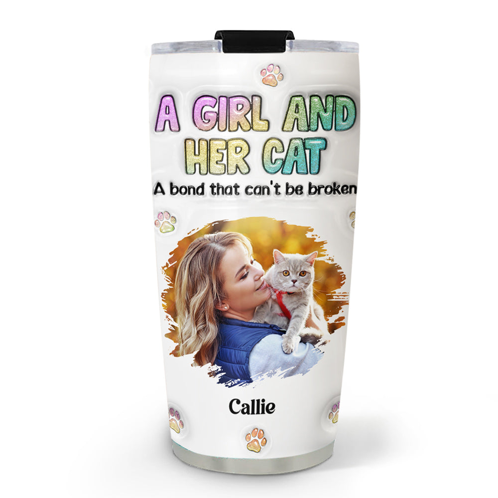 Personalized Custom 3D Inflated Effect Tumbler with A Girl And Her Cat Photo - High - Quality 20oz Stainless Steel