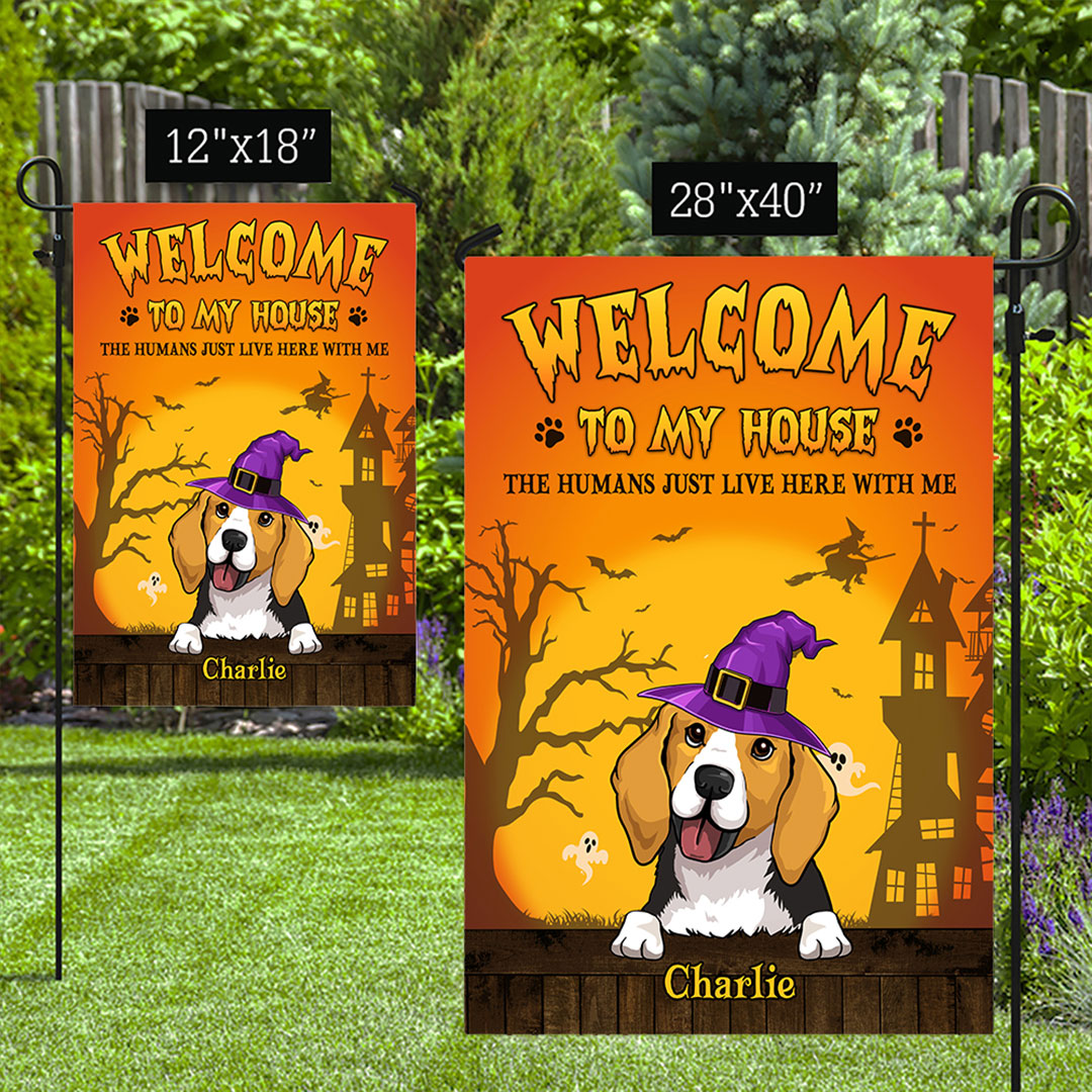 We Live Here - Customizable Personalized Garden Flag for Pet Lovers in 12' x 18' and 28' x 40' Sizes