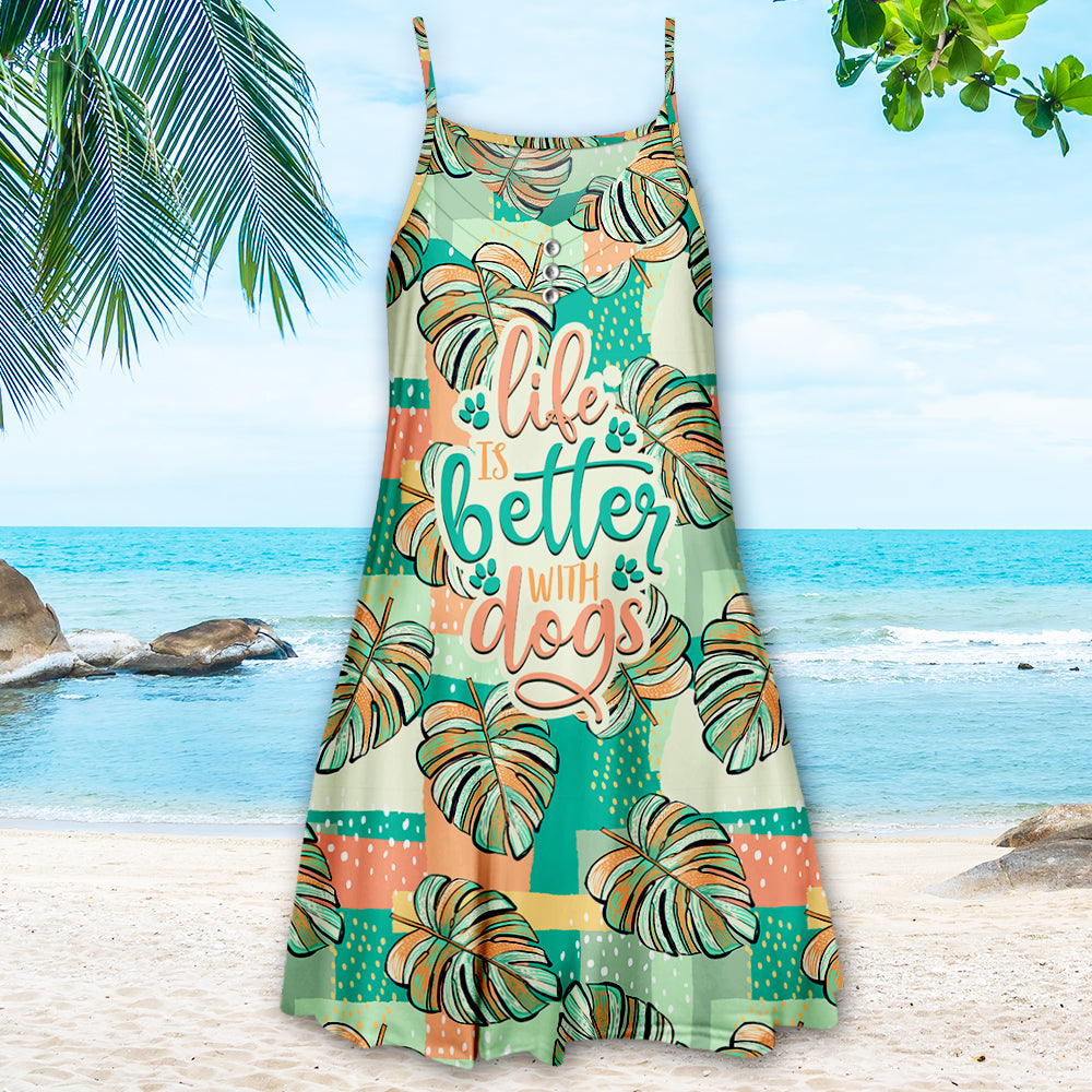 Stylish Green Life Is Better With Dogs Pattern Strap Dress for Pet Lovers