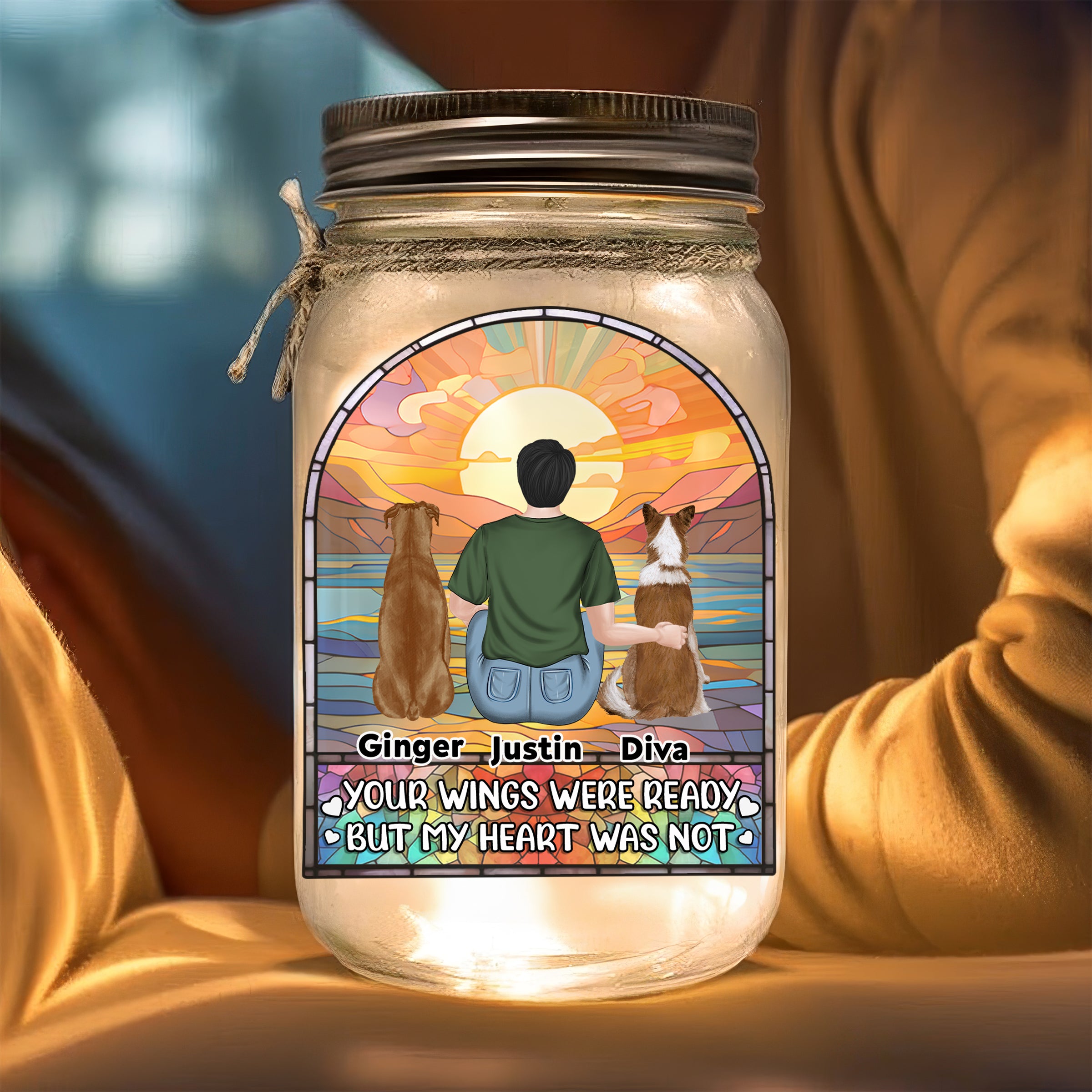 Your Wings Were Ready But My Heart Was Not - Personalized 16oz Custom Mason Jar Light with Warm Starlight Effect