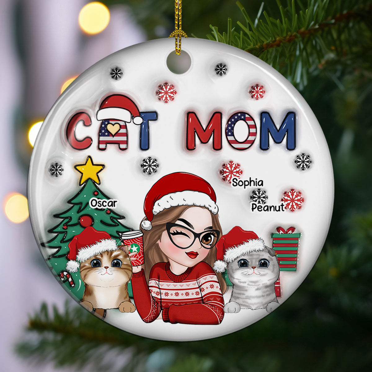 Unique American Cat Mom Christmas - Personalized Custom 3D Inflated Effect White Ceramic Ornament