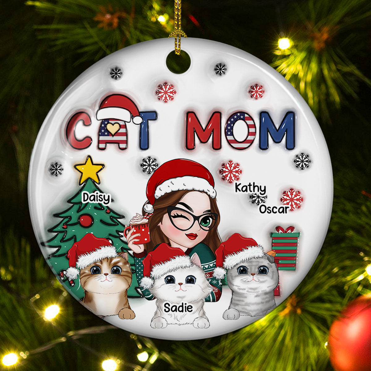 Unique American Cat Mom Christmas - Personalized Custom 3D Inflated Effect White Ceramic Ornament