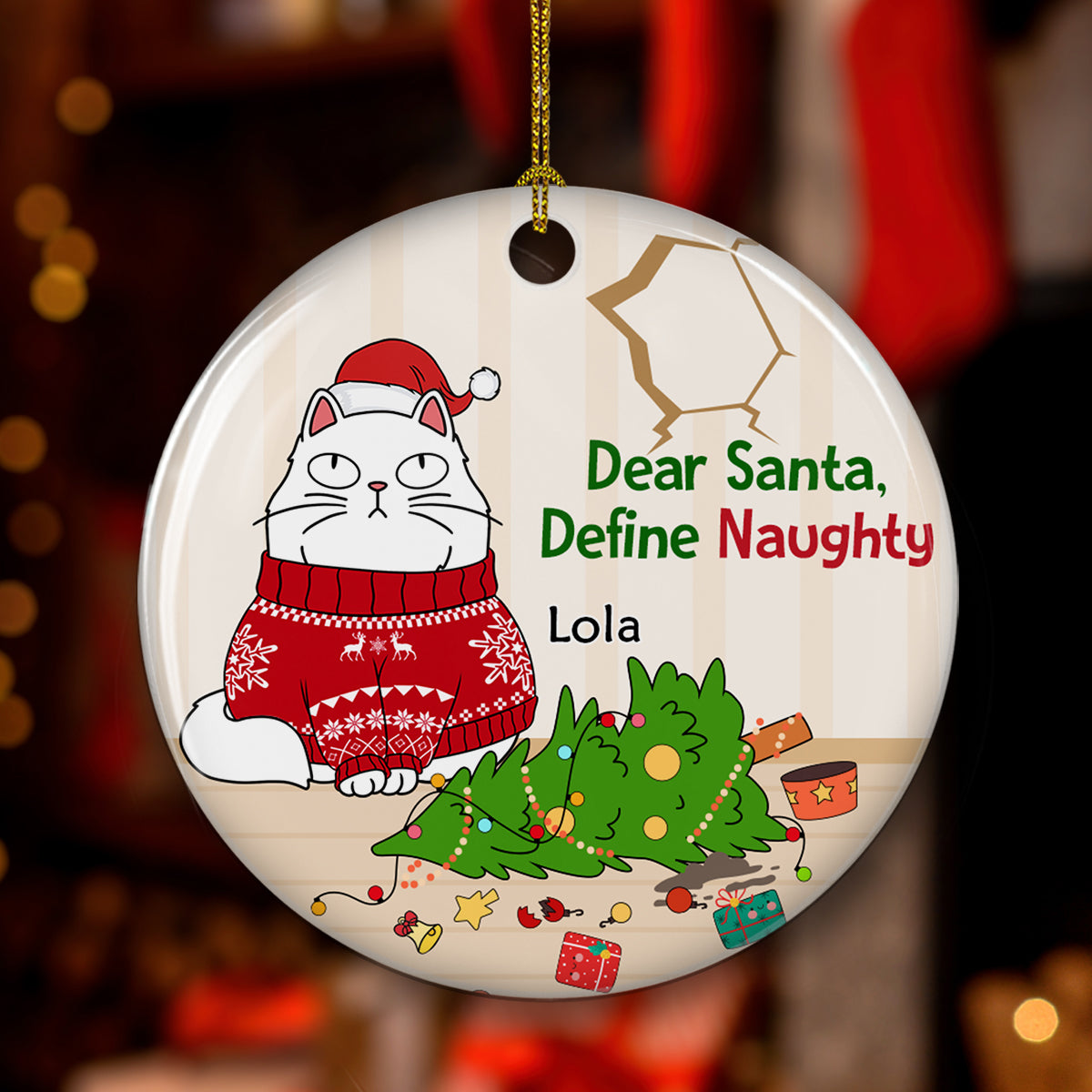 Santa Define Naughty Cats - Customizable Personalized Premium White Ceramic Christmas Ornament (3' Diameter)
