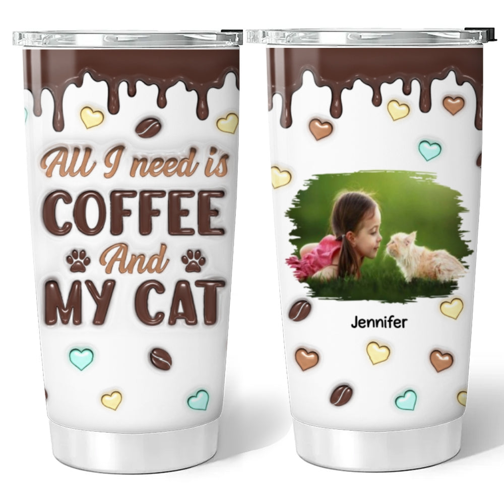 Unique Personalized Custom 3D Inflated Coffee And Cat Photo Tumbler - 20oz High - Quality Stainless Steel