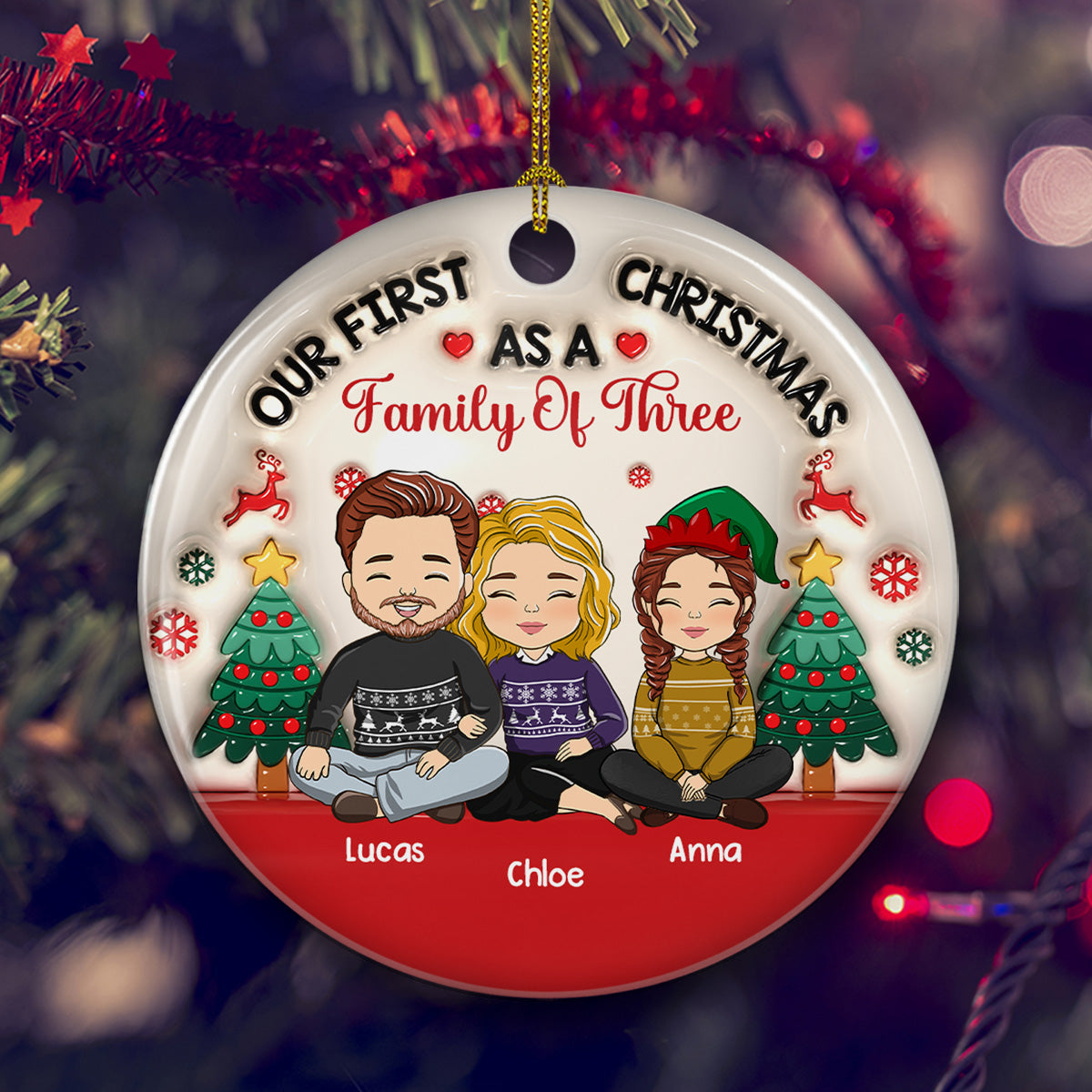 First Christmas As A Family Of Three - Exclusive Personalized Custom 3D Inflated Effect Premium White Ceramic Christmas Ornament