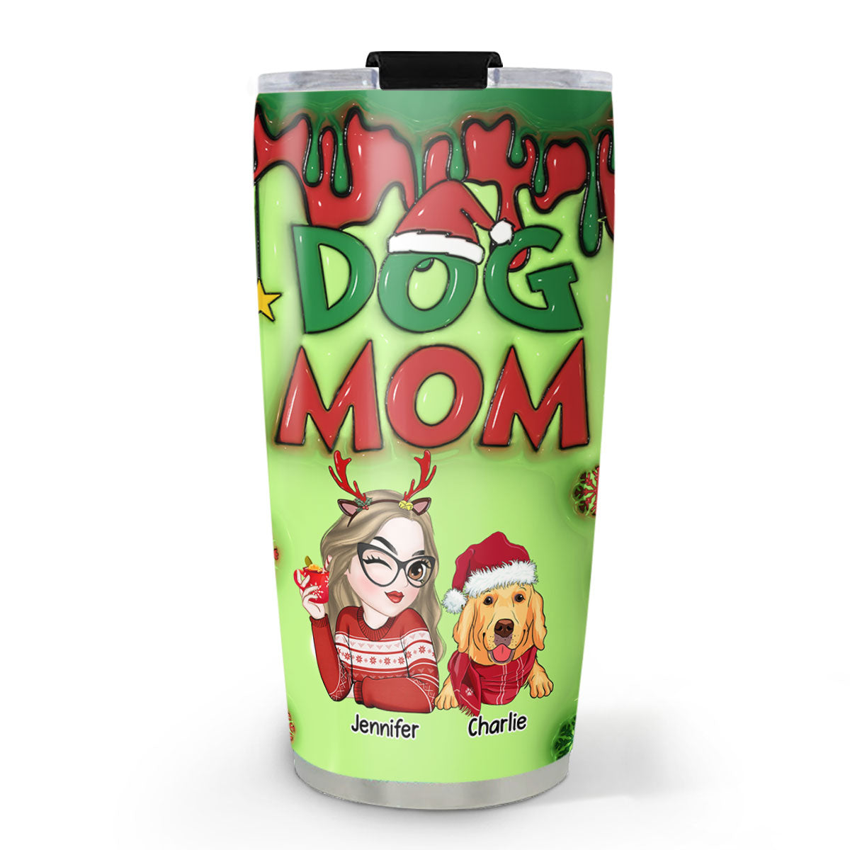 Christmas Dog Mom Personalized Custom 3D Inflated Effect 20oz Stainless Steel Tumbler