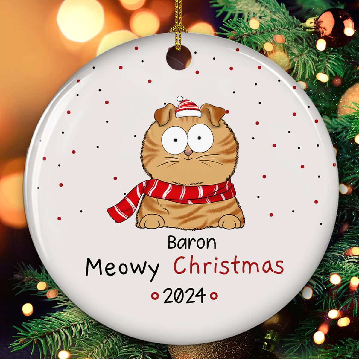 Meowy Christmas - Personalized Custom Circle Ceramic Christmas Ornament with Premium White Color and 3' Diameter