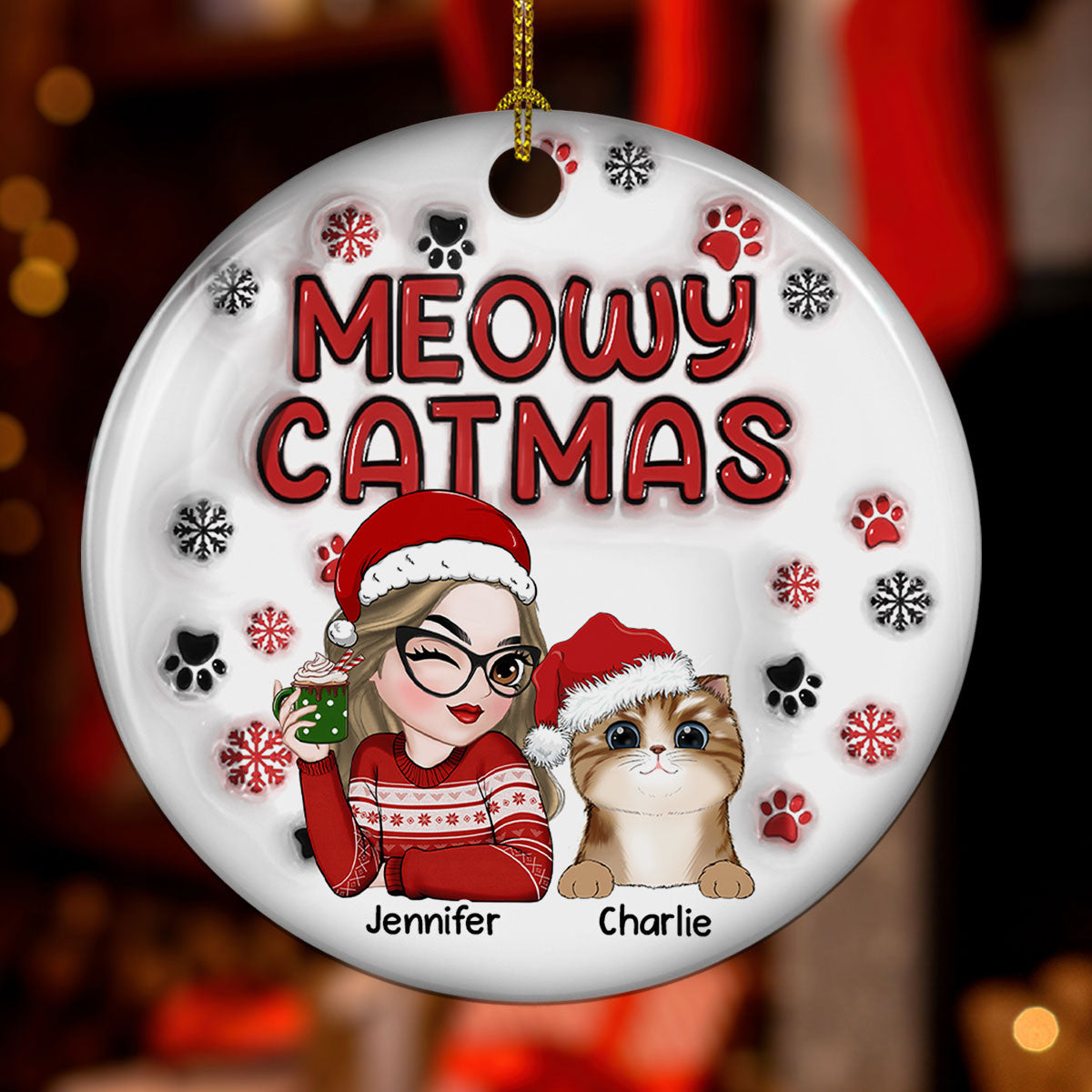 Meowy Catmas Cat Mom - Personalized Custom 3D Inflated Effect Premium White Ceramic Christmas Ornament, 3' Diameter