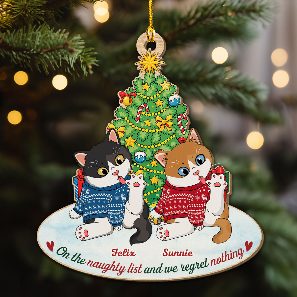 Adorable Naughty Cat Licking - Customizable 1 - Layered Personalized Wood Christmas Ornament