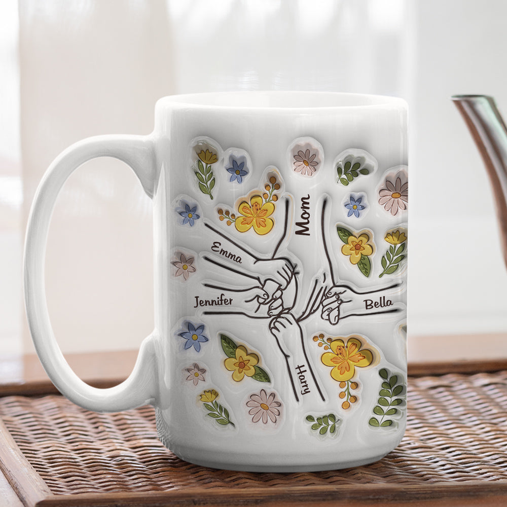 Mom Holds Our Hands and Hearts - Personalized Custom 3D Inflated Effect 11oz and 15oz Ceramic Mug