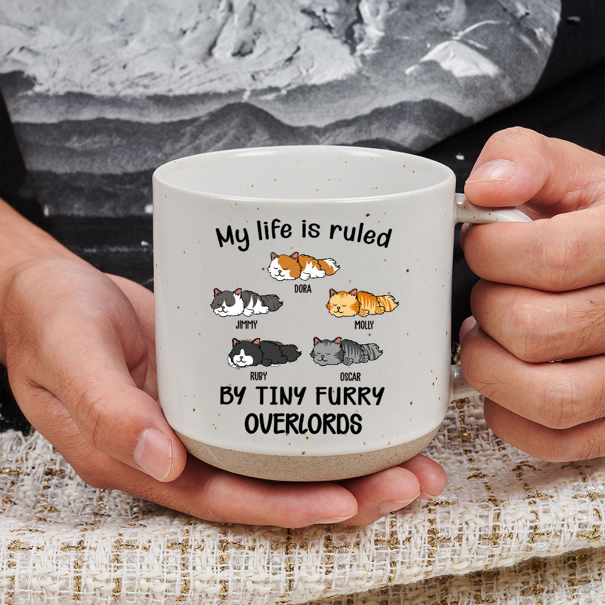 Ver Cat Personalized Custom Ceramic 11oz Ruled By Tiny Furry Overlords Pottery Mug in Dark Blue or White