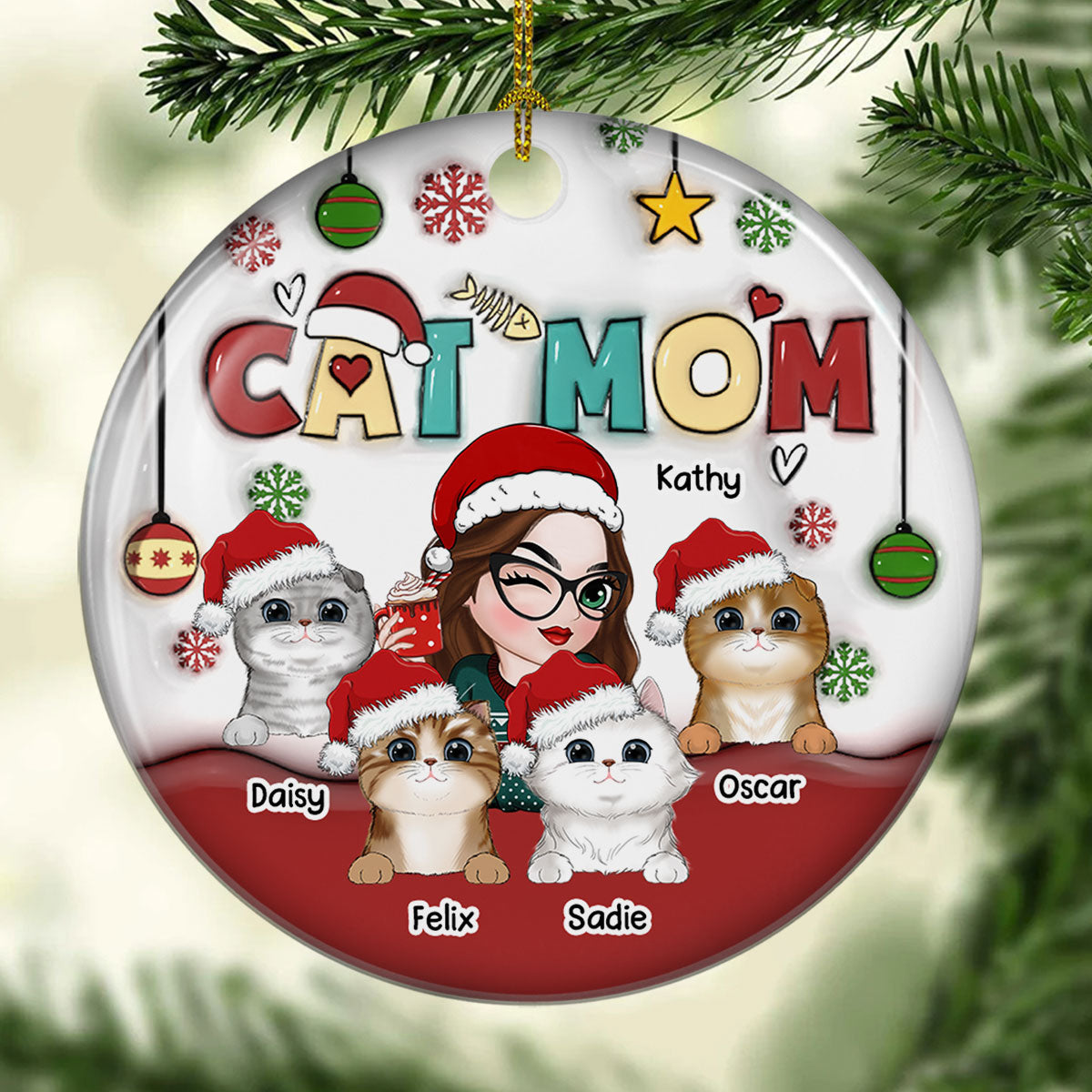 Personalized Custom 3D Inflated Effect Premium White Ceramic Ornament for Cat Moms