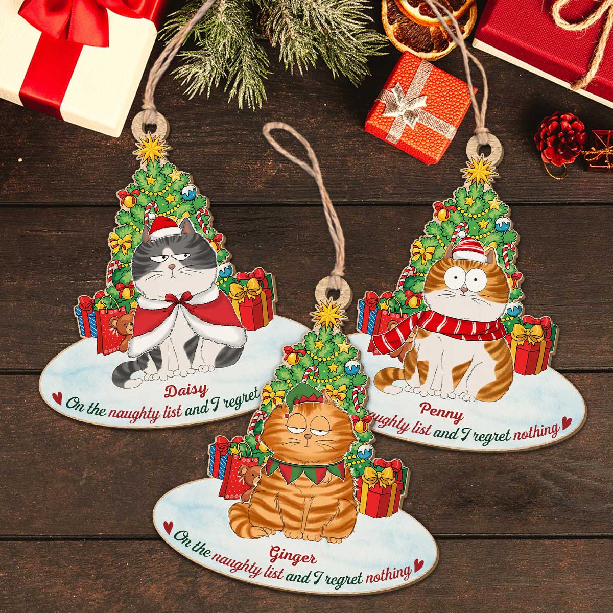 On The Naughty List Personalized Custom Christmas Cat Wood Ornament