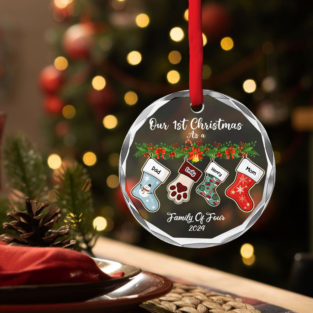 Personalized Custom Family Stocking Glass Ornament - 8mm Thick, 3.07 Inches Tall