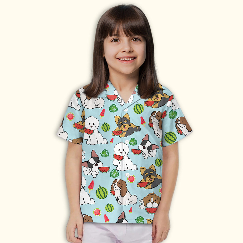 Adorable Dog Eats Watermelon Blue Kids' Button - up Shirt