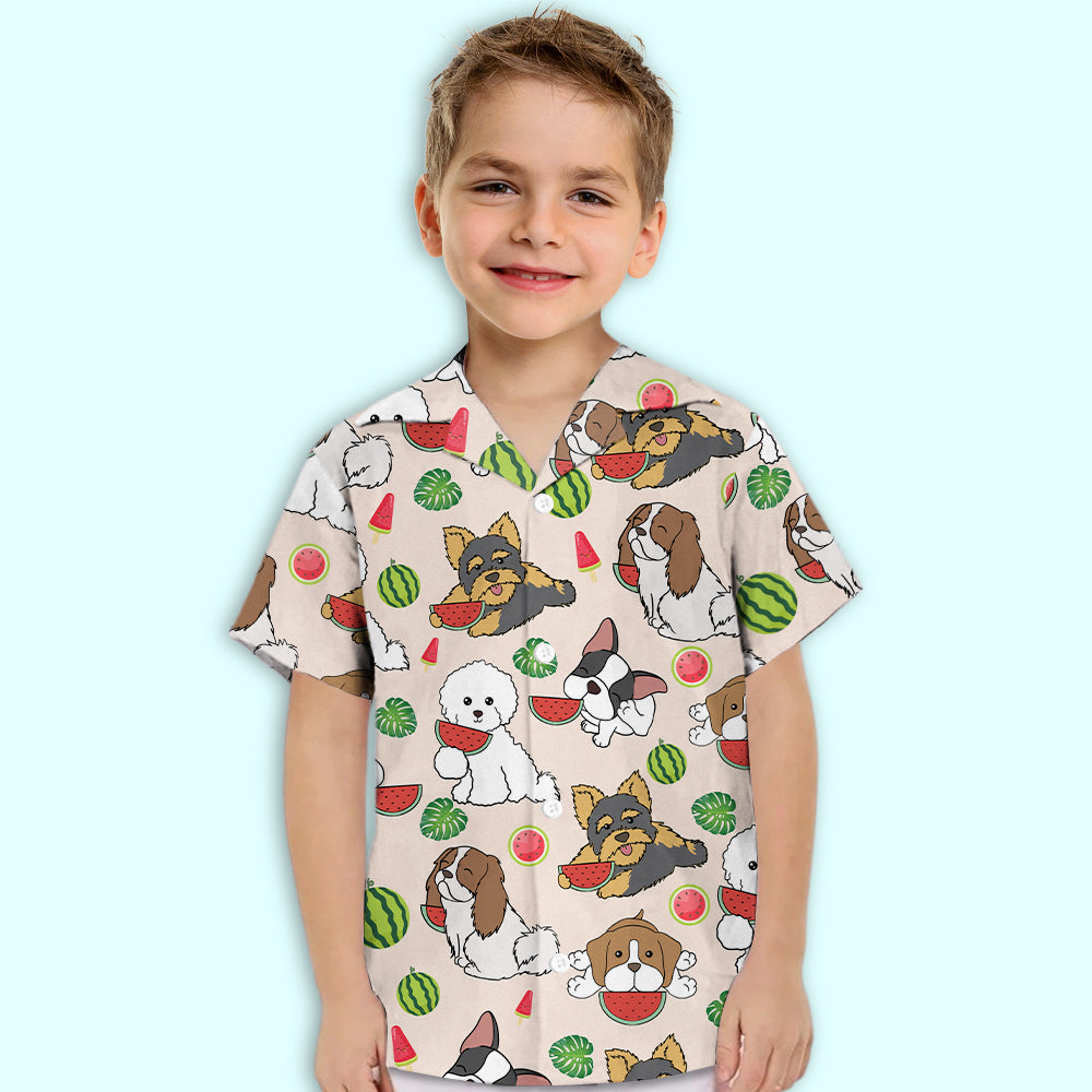 Adorable Dog Eating Watermelon Pink Kids' Button - up Shirt