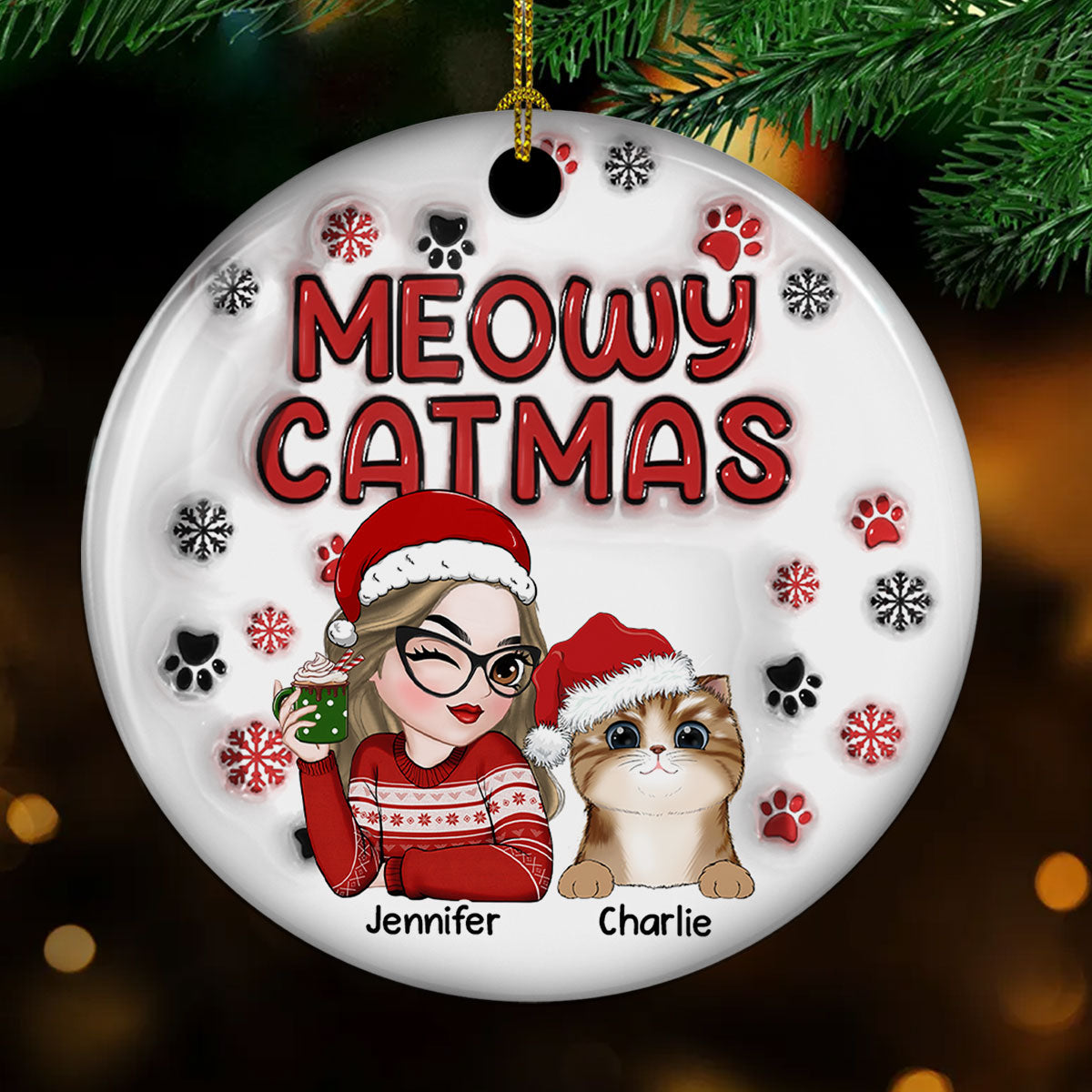 Meowy Catmas Cat Mom - Personalized Custom 3D Inflated Effect Premium White Ceramic Christmas Ornament, 3' Diameter