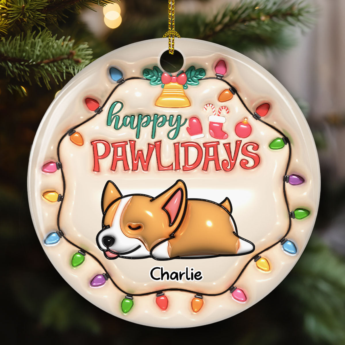 Happy Pawlidays - Personalized Custom 3D Inflated Effect Premium White Ceramic Christmas Ornament with 3' Diameter
