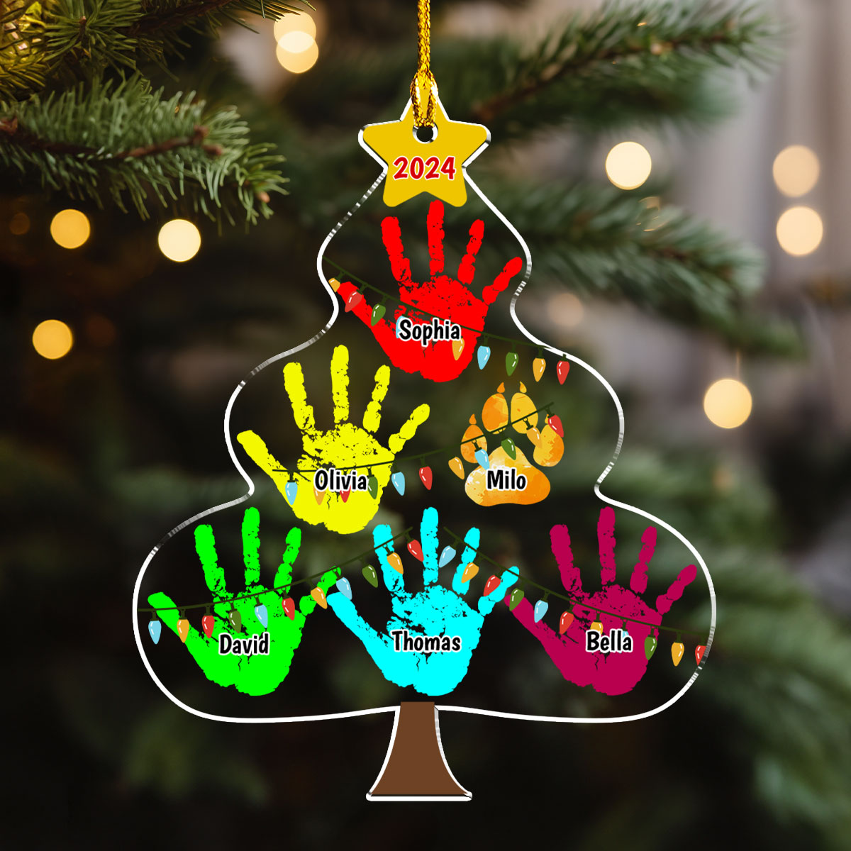 Customizable Family Handprints Tree Personalized Acrylic Christmas Ornament in 3 Sizes
