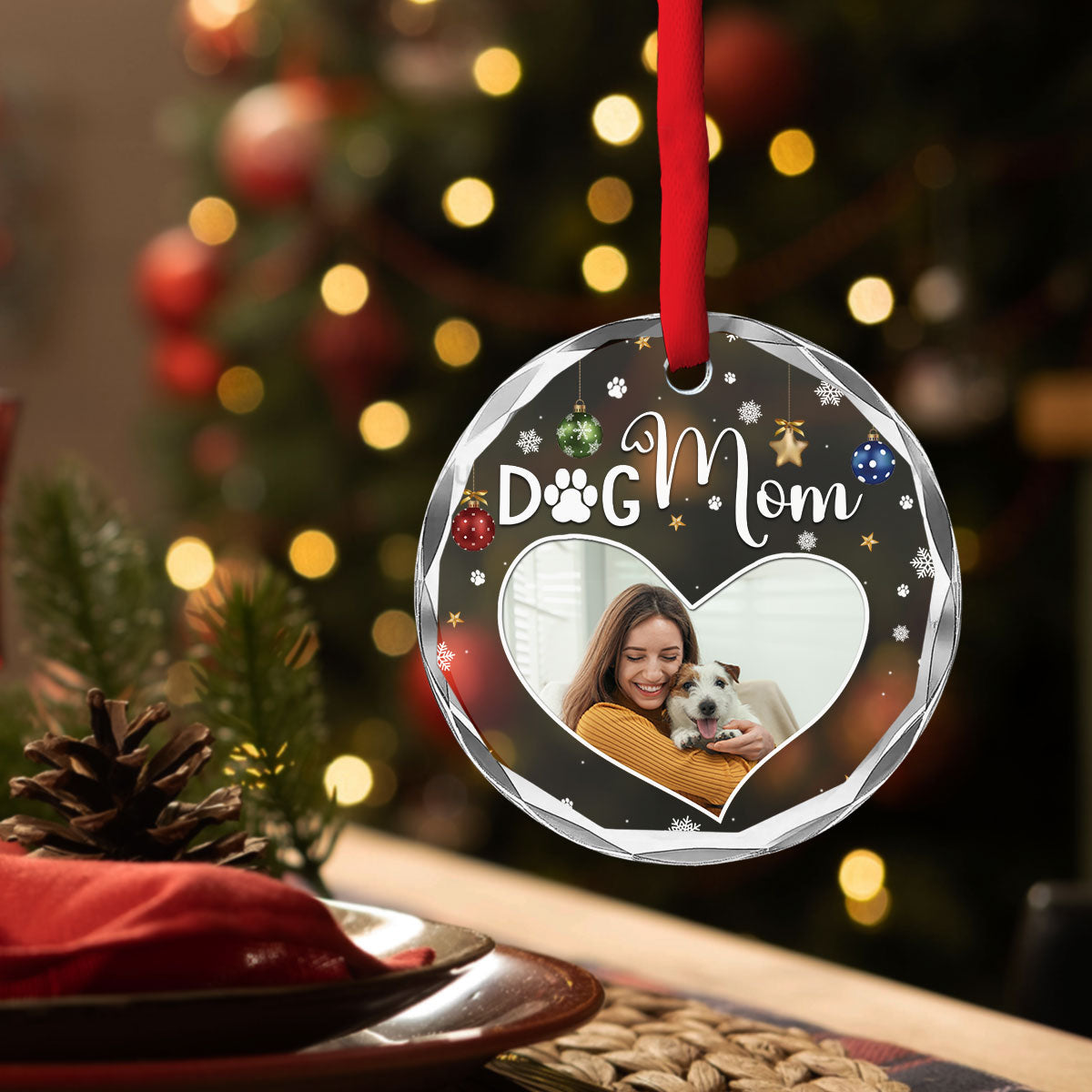 Customizable Dog Mom Photo Personalized 8mm Thick 3.07-inch Tall Glass Ornament
