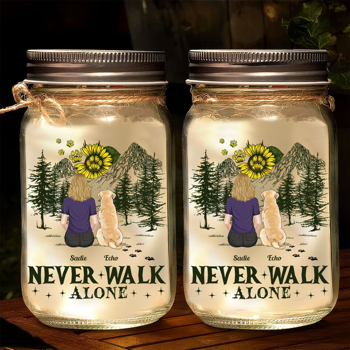 My Dogs Walk With Me - Customizable Personalized 16oz Mason Jar Light for Pet Lovers