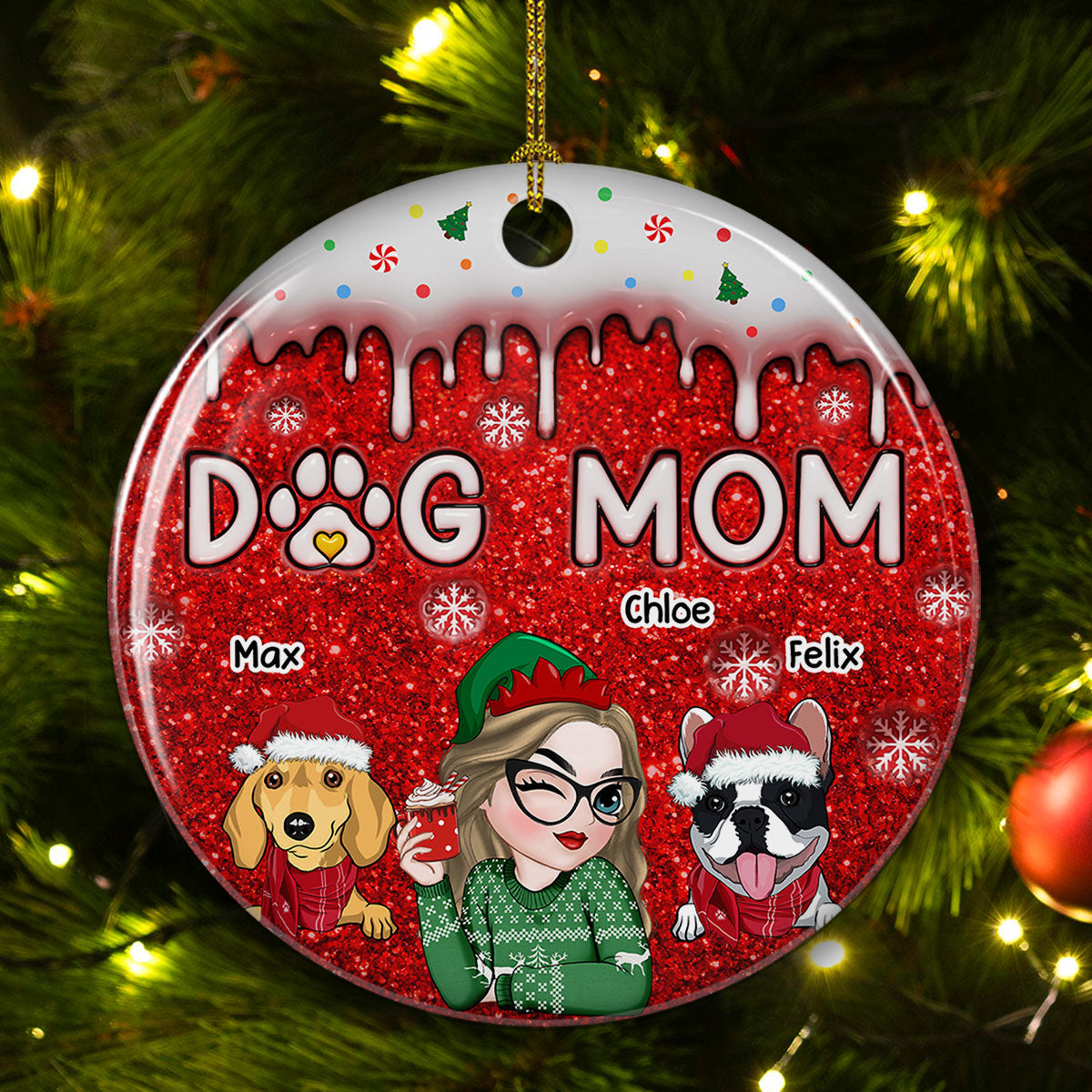 Customizable 3D Inflated Effect Premium White Ceramic Christmas Ornament for Dog Moms
