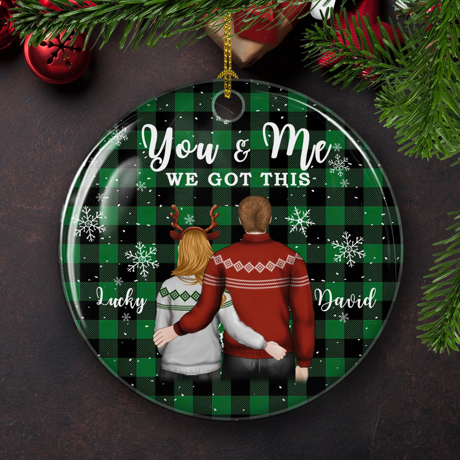 You And Me 2 - Exquisitely Personalized Custom Circle Ceramic Christmas Ornament with Gloss Finish