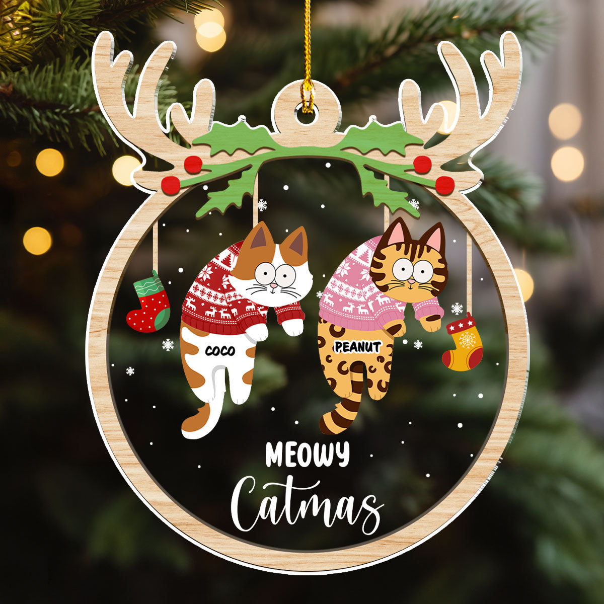 Jolly Cats - Unique Personalized Custom Acrylic Christmas Ornament with 4' Diameter