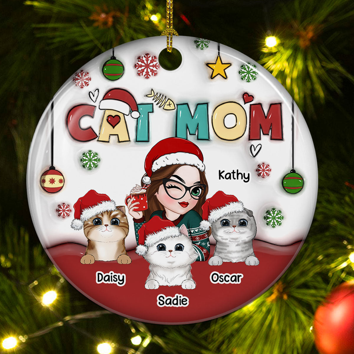 Personalized Custom 3D Inflated Effect Premium White Ceramic Ornament for Cat Moms