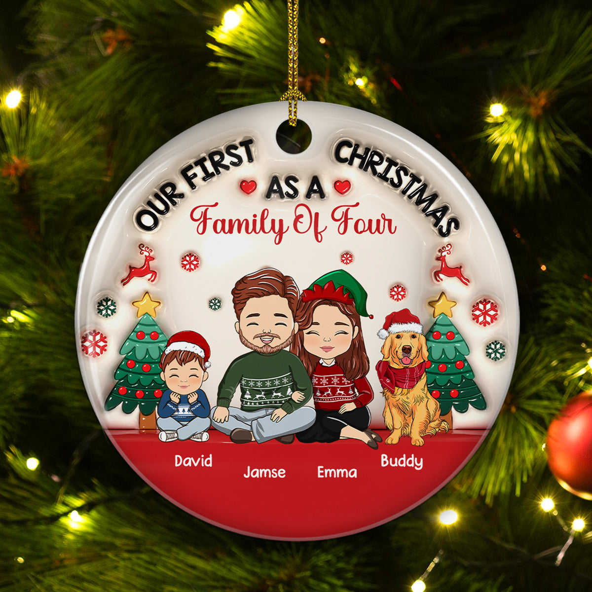 First Christmas As A Family Of Three - Exclusive Personalized Custom 3D Inflated Effect Premium White Ceramic Christmas Ornament