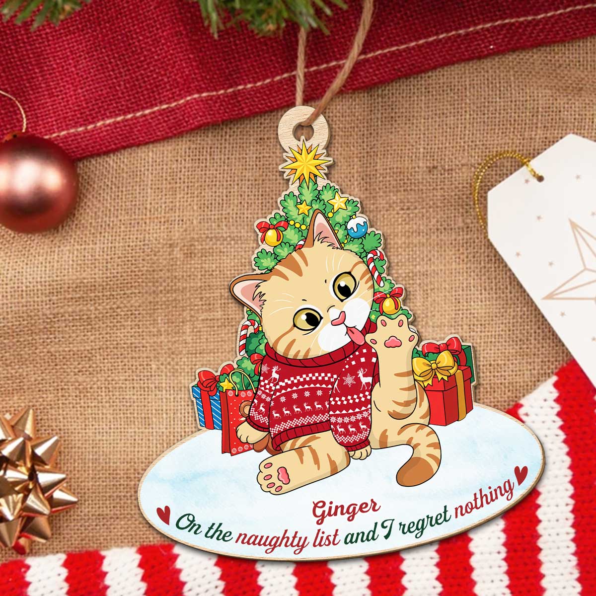 Adorable Naughty Cat Licking - Customizable 1 - Layered Personalized Wood Christmas Ornament