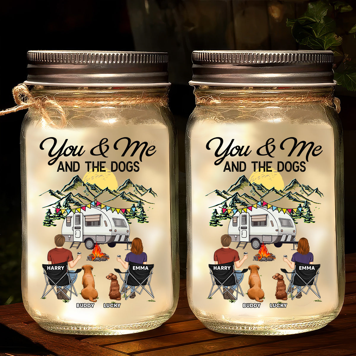 You & Me And The Dogs - Personalized Custom 16oz Mason Jar Light with Warm Starlight Effect
