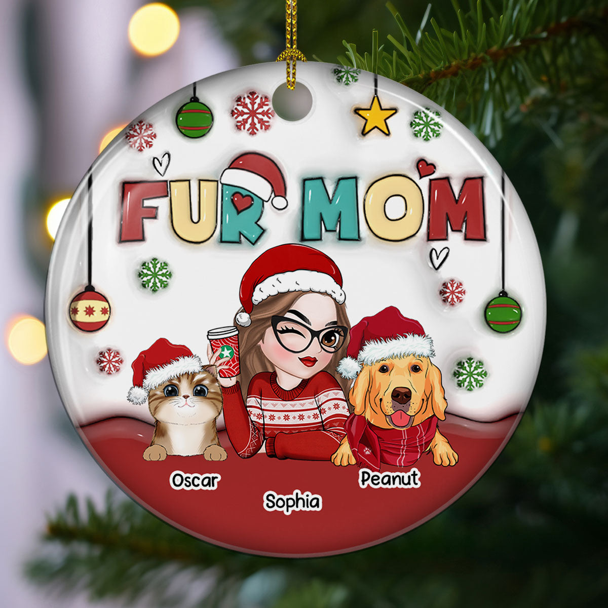 Mom Of Pets - Exquisite Personalized Custom 3D Inflated Effect Premium White Ceramic Christmas Ornament