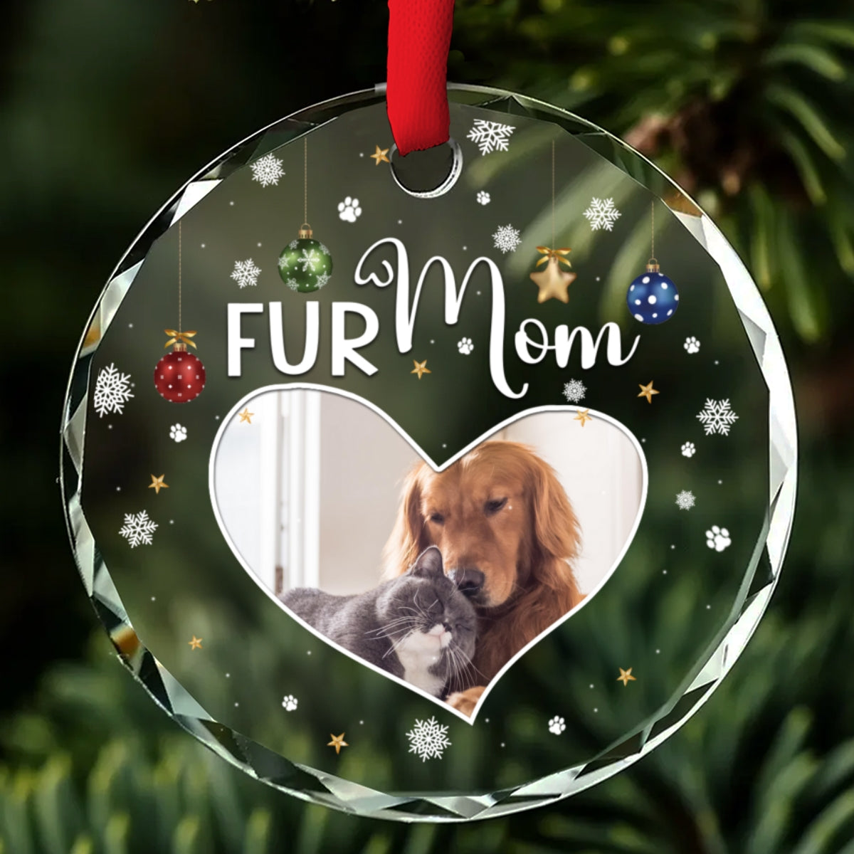 Fur Mom Personalized Custom Photo Glass Ornament - 8mm Thick, 3.07 Inches Tall