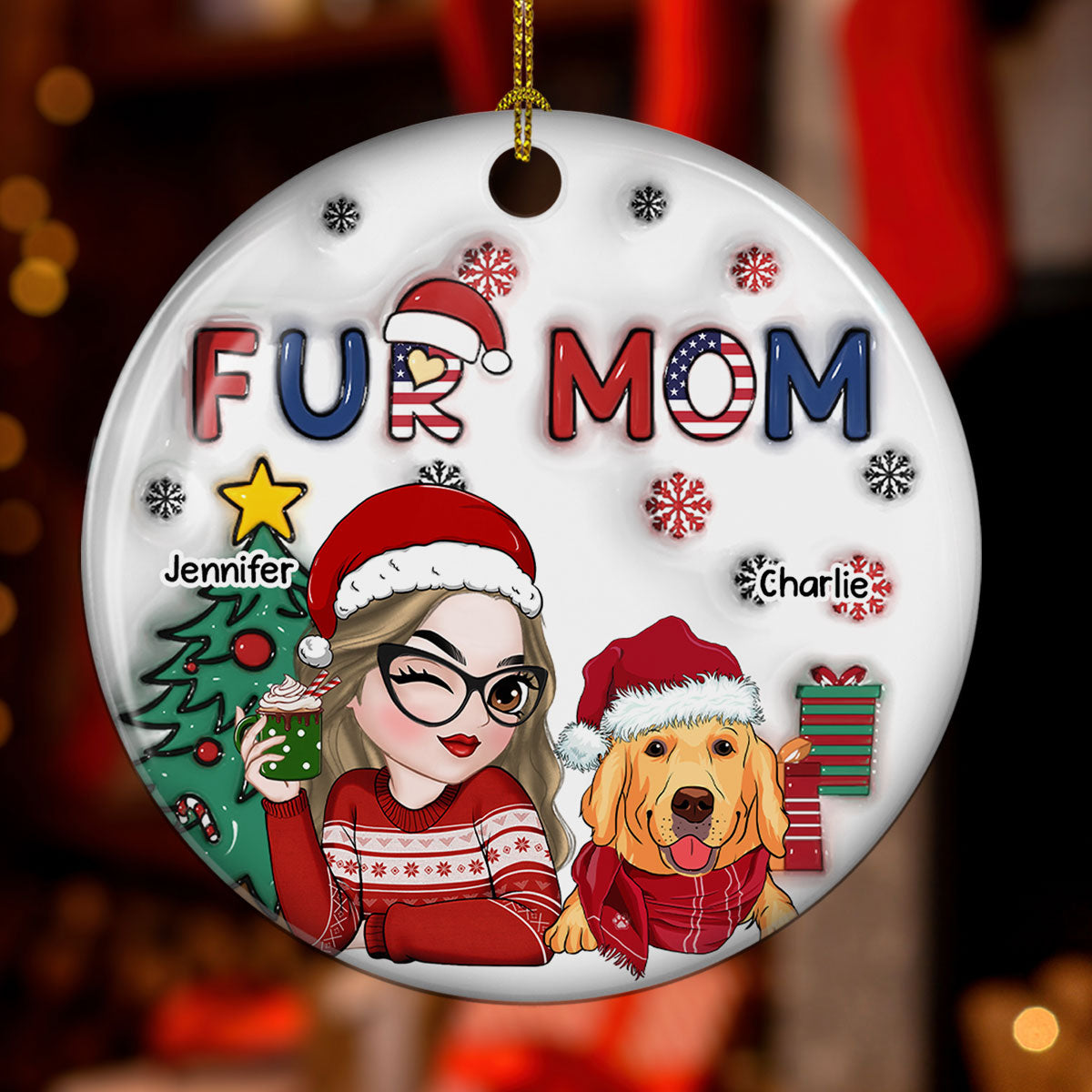 Customizable American Fur Mom Christmas 3D Inflated Effect Personalized Ceramic Ornament
