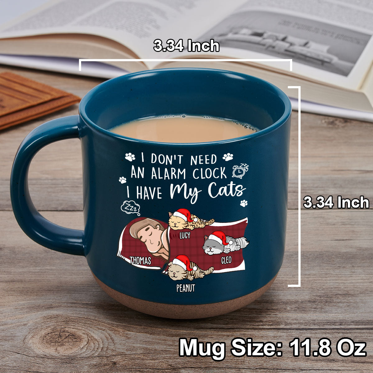 Personalized Custom Ceramic 11oz My Cat Alarm Clock Pottery Mug in Dark Blue or White