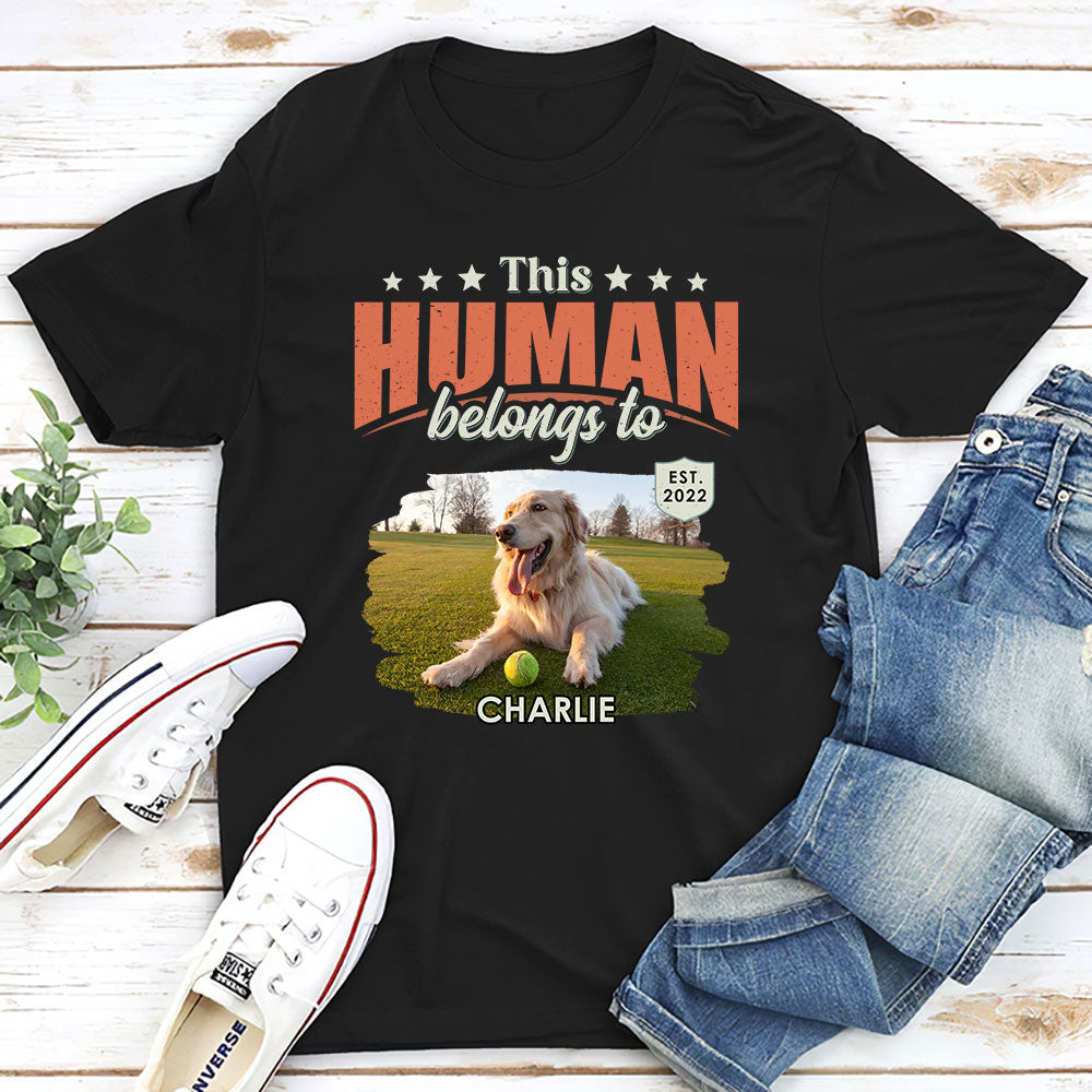 This Human Belongs To Dogs Personalized Custom Unisex 5.3 oz T-Shirt - Ideal Gift for Pet Lovers