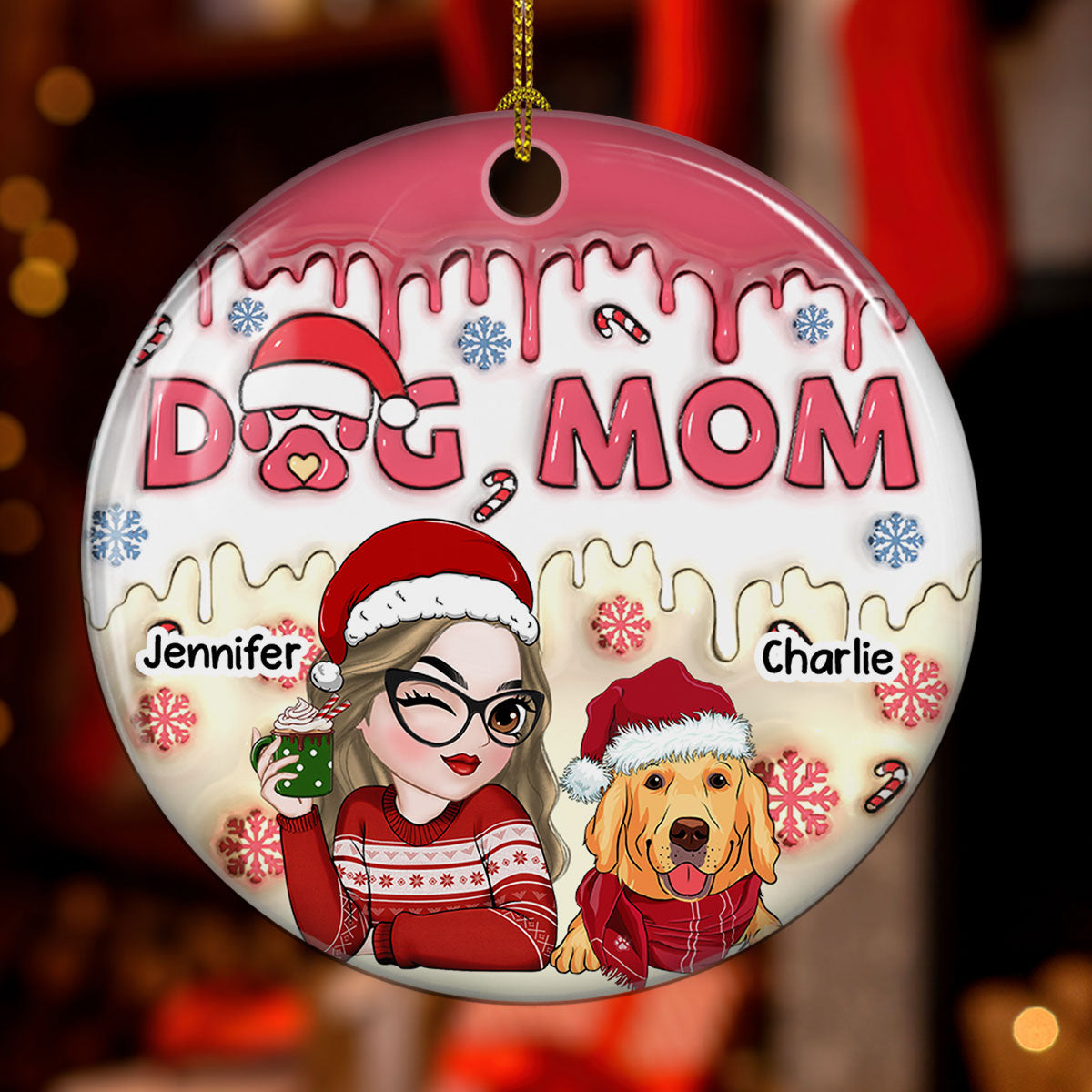 Dog Mom's Joyful Pawlidays - Customizable 3D Inflated Effect Personalized Ceramic Christmas Ornament